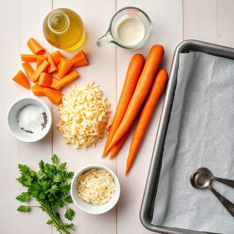 Raw carrots, Parmesan cheese, olive oil, and seasonings flat lay