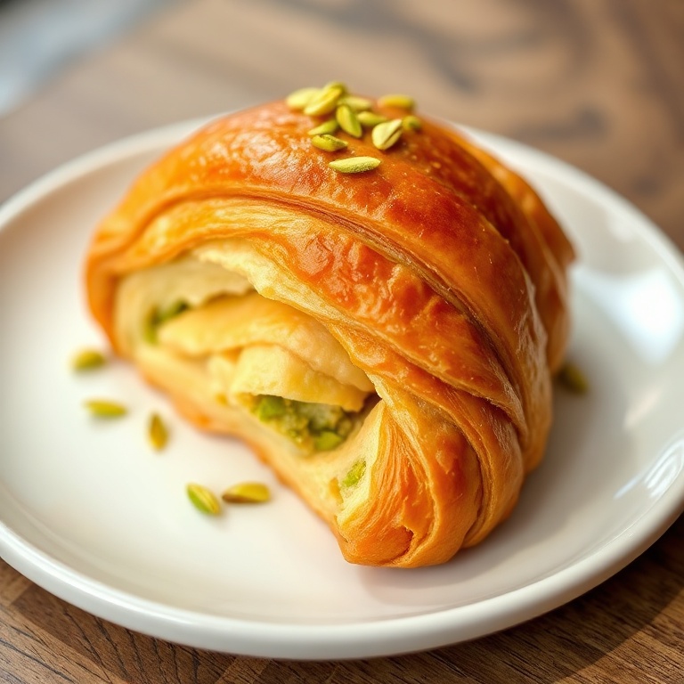 Crispy Pistachio Croissant on a white plate. Garnished with pistachio slivers. Close crop showing golden layers.