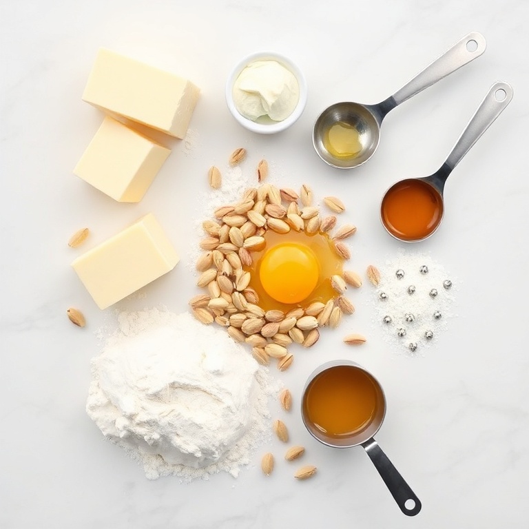 Fresh butter, flour, pistachios, egg, and honey arranged in a flat lay. Measuring spoons and bowls visible. White marble surface.