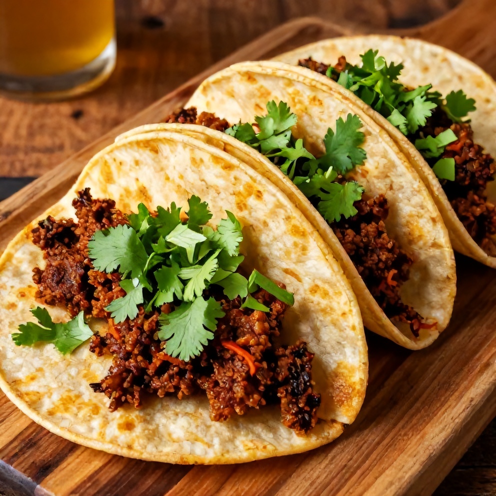 Plated serving of Crispy Pot Birria Tacos on a rustic wooden board