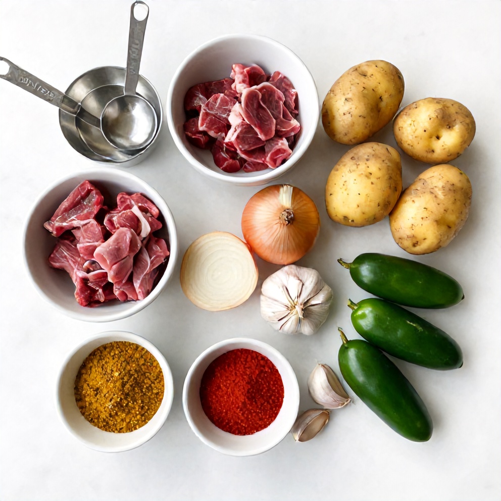 Raw ingredients for Pot Birria Tacos including beef, potatoes, onions, and spices