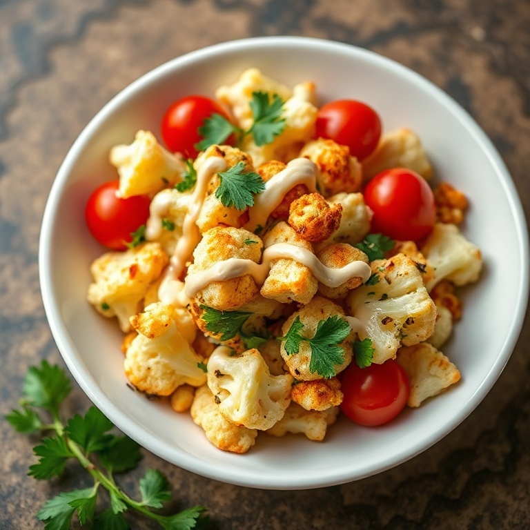 Crispy roasted cauliflower salad plated in a white bowl with tahini drizzle, cherry tomatoes, and fresh parsley.