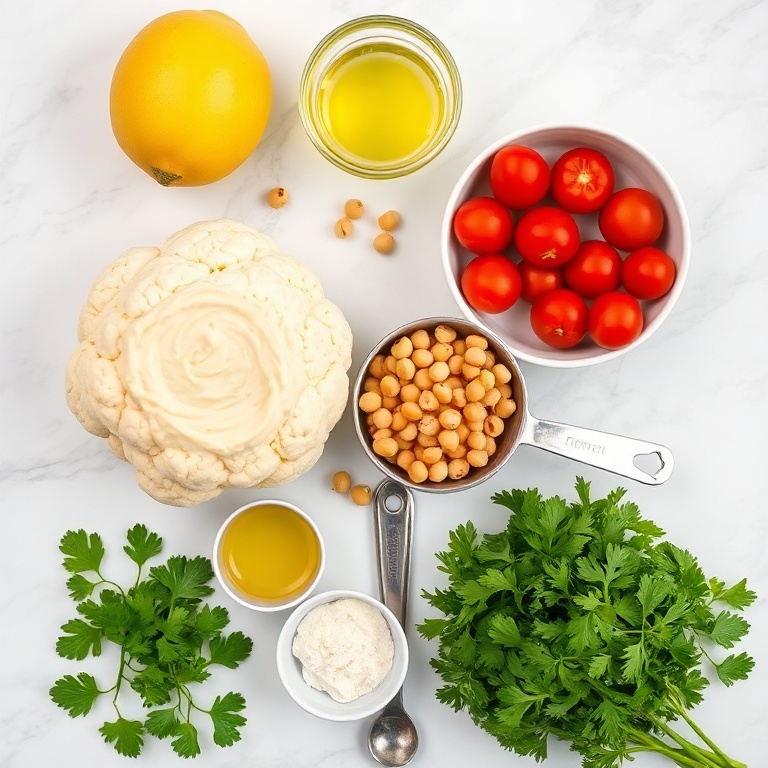 Raw cauliflower, tahini, lemon, olive oil, chickpeas, cherry tomatoes, cucumber, and parsley arranged in a flat lay.