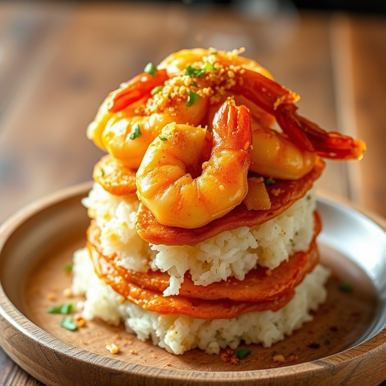 Crispy Sesame Garlic Shrimp Rice Stacks