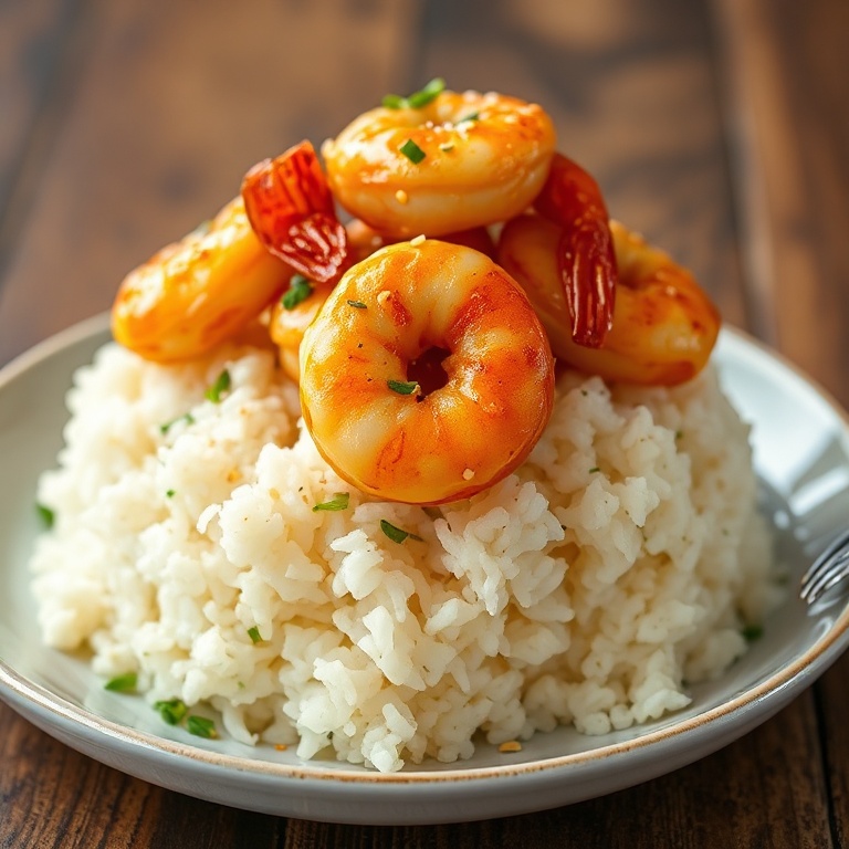 Sesame Garlic Shrimp Rice Stacks on a plate. Garnished with sesame seeds. Golden shrimp with garlic sauce. Warm side lighting. Food fills 90% of the frame.
