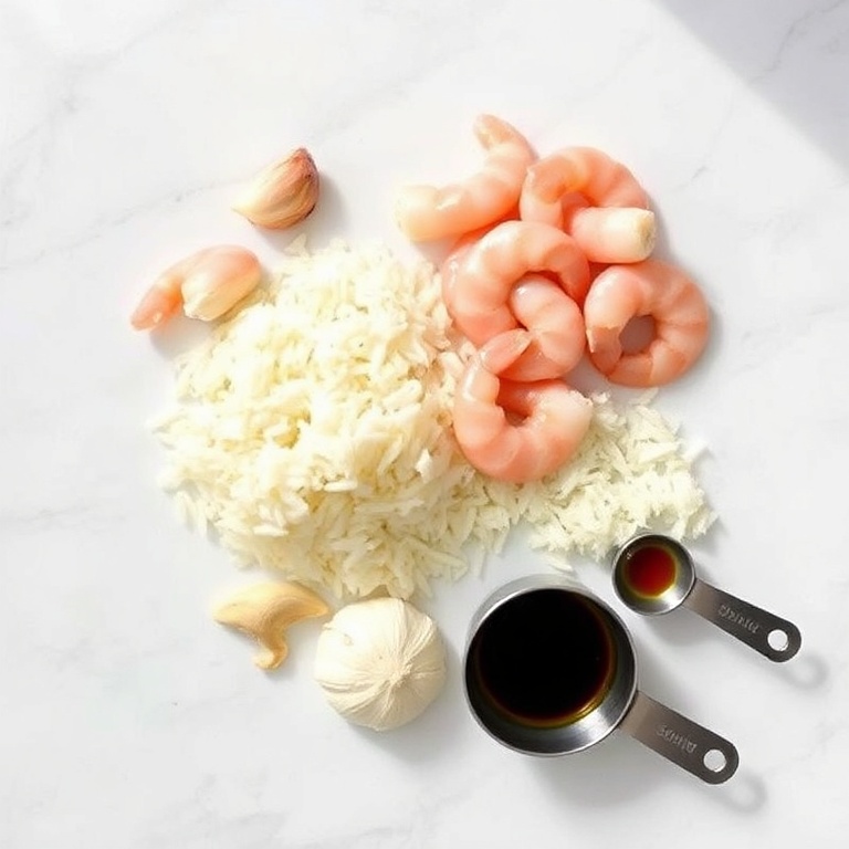 Raw ingredients for Sesame Garlic Shrimp Rice Stacks. Shrimp, rice, garlic, soy sauce, sesame oil. Measuring cups and spoons. White marble surface. Bright light.