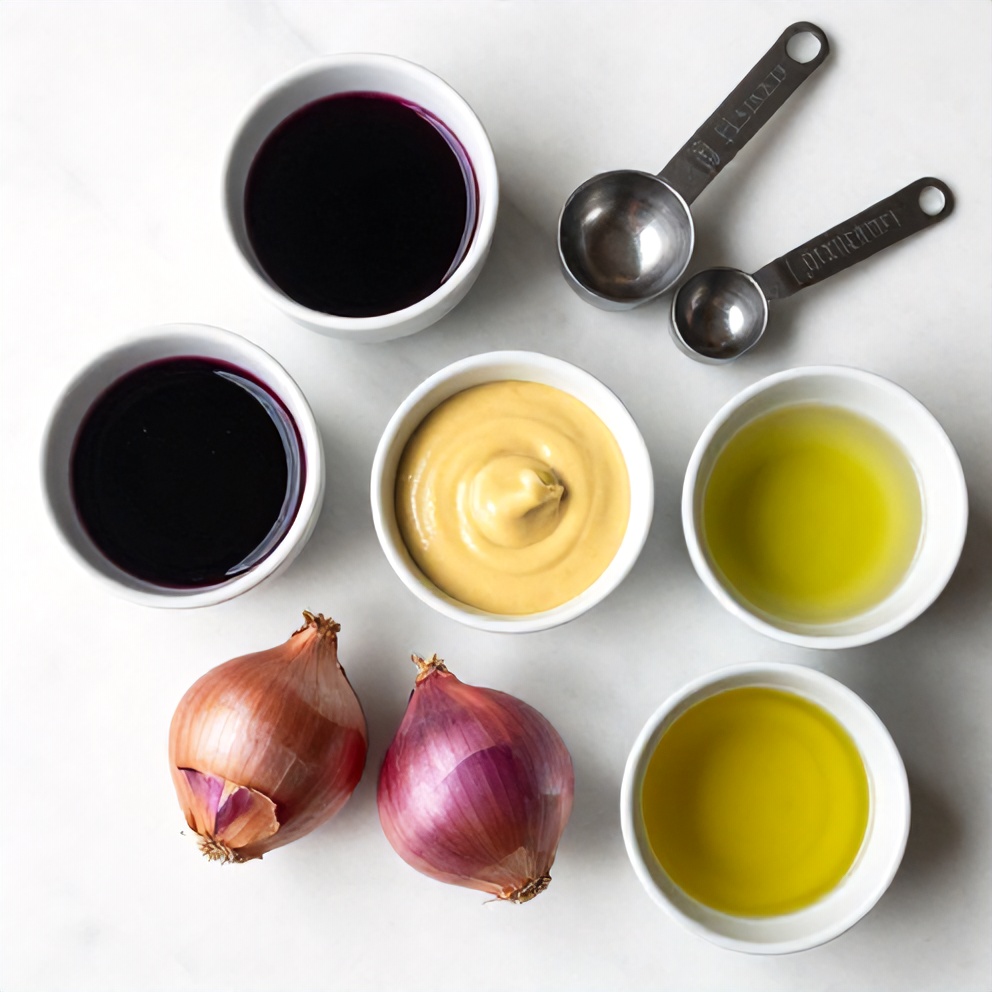 Shallots, red wine vinegar, Dijon mustard, and olive oil arranged on a marble surface