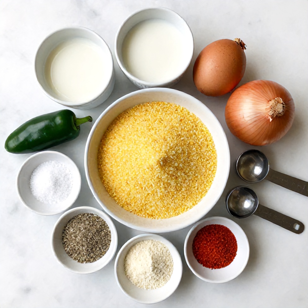 Raw ingredients for Hushpuppies arranged in a flat lay