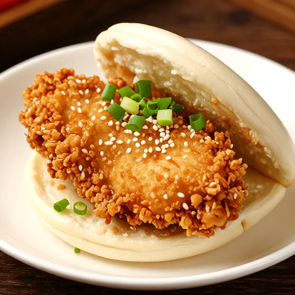 Crispy Sticky Chicken Bao Buns on a plate with a garnish of green onions