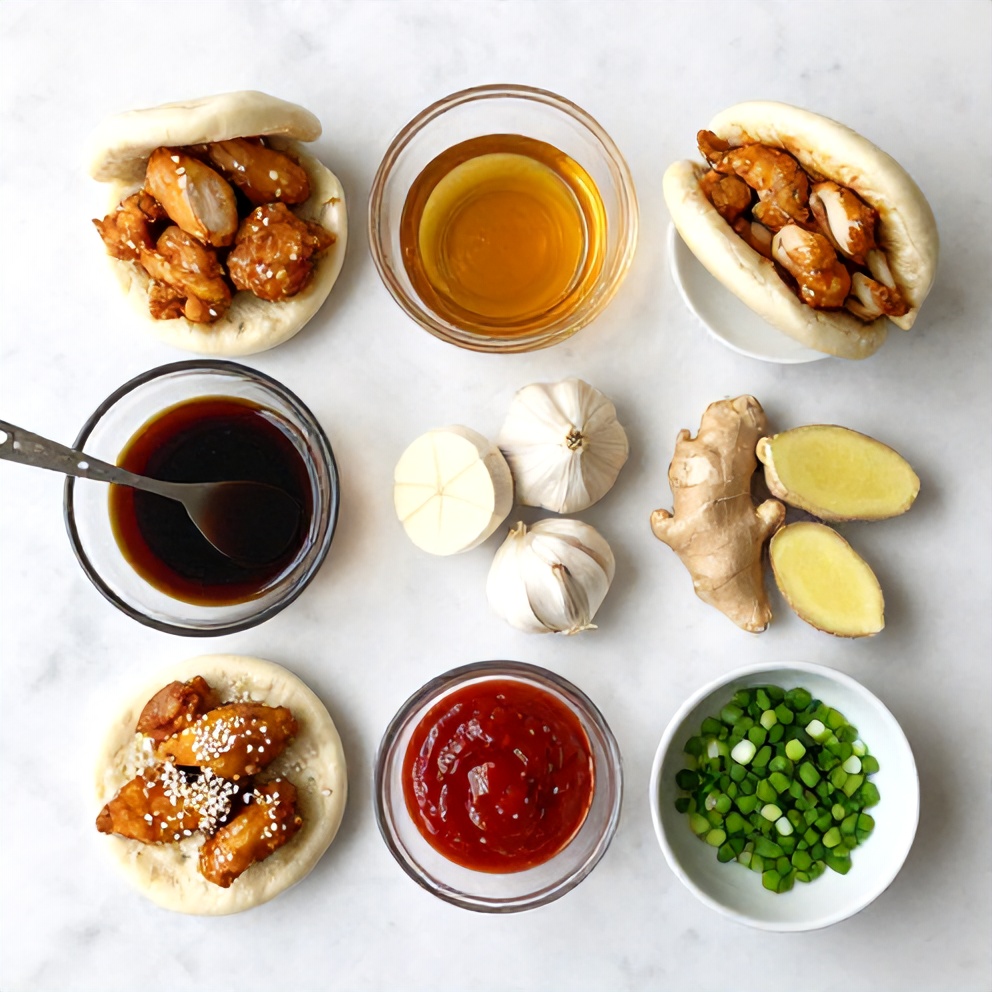 Raw ingredients for Crispy Sticky Chicken Bao Buns on a marble surface
