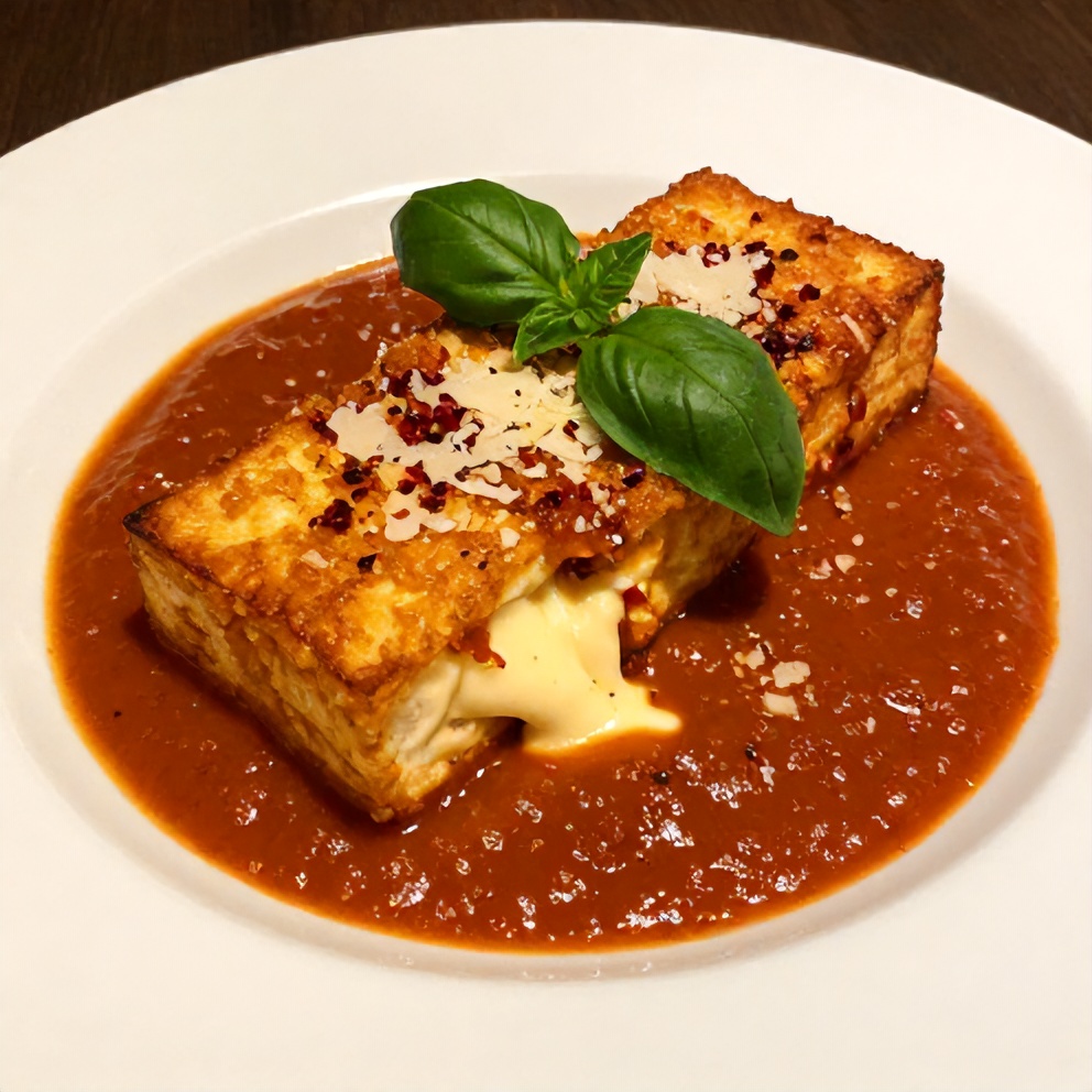 Plated crispy tofu in creamy sun-dried tomato sauce