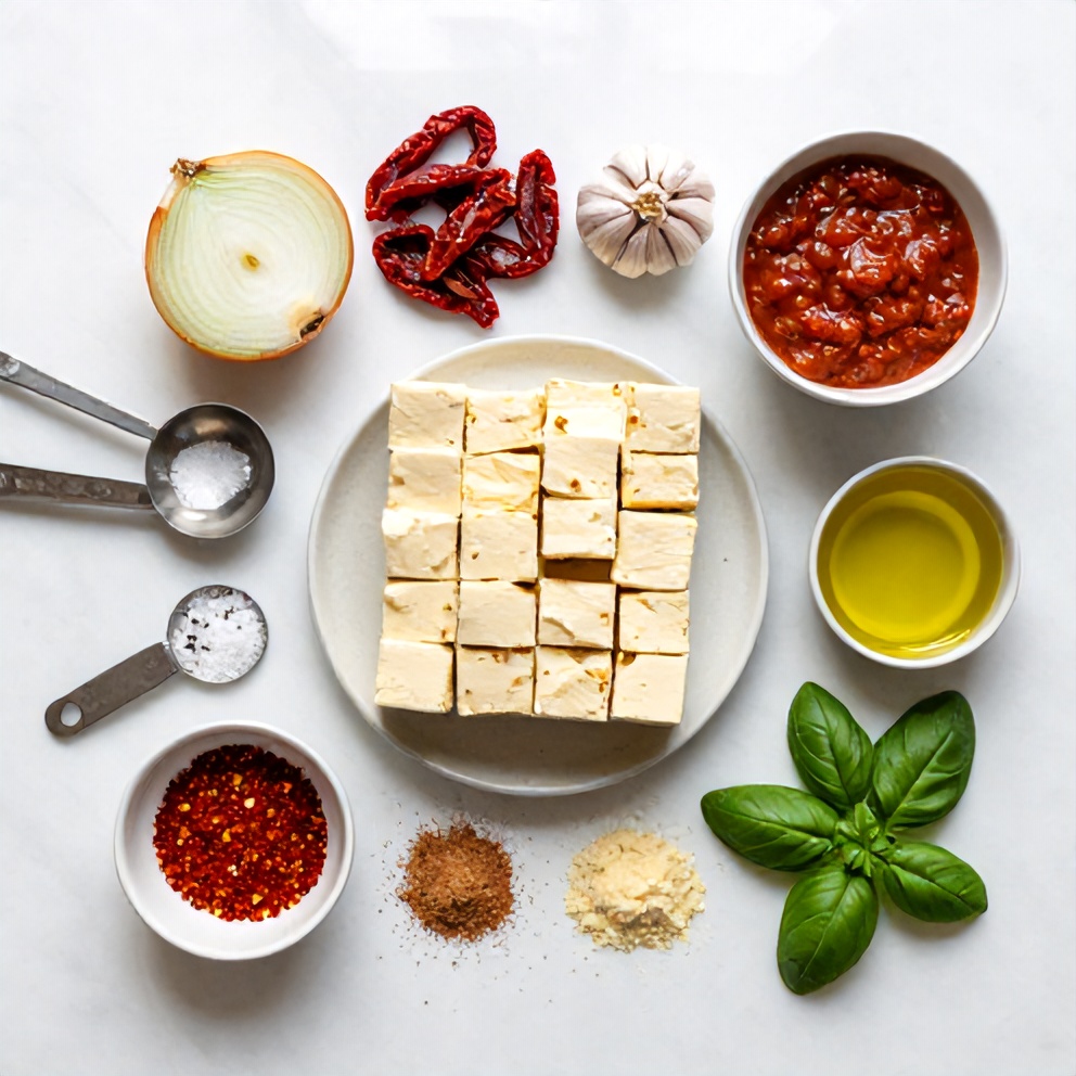 Raw ingredients for crispy tofu in creamy sun-dried tomato sauce