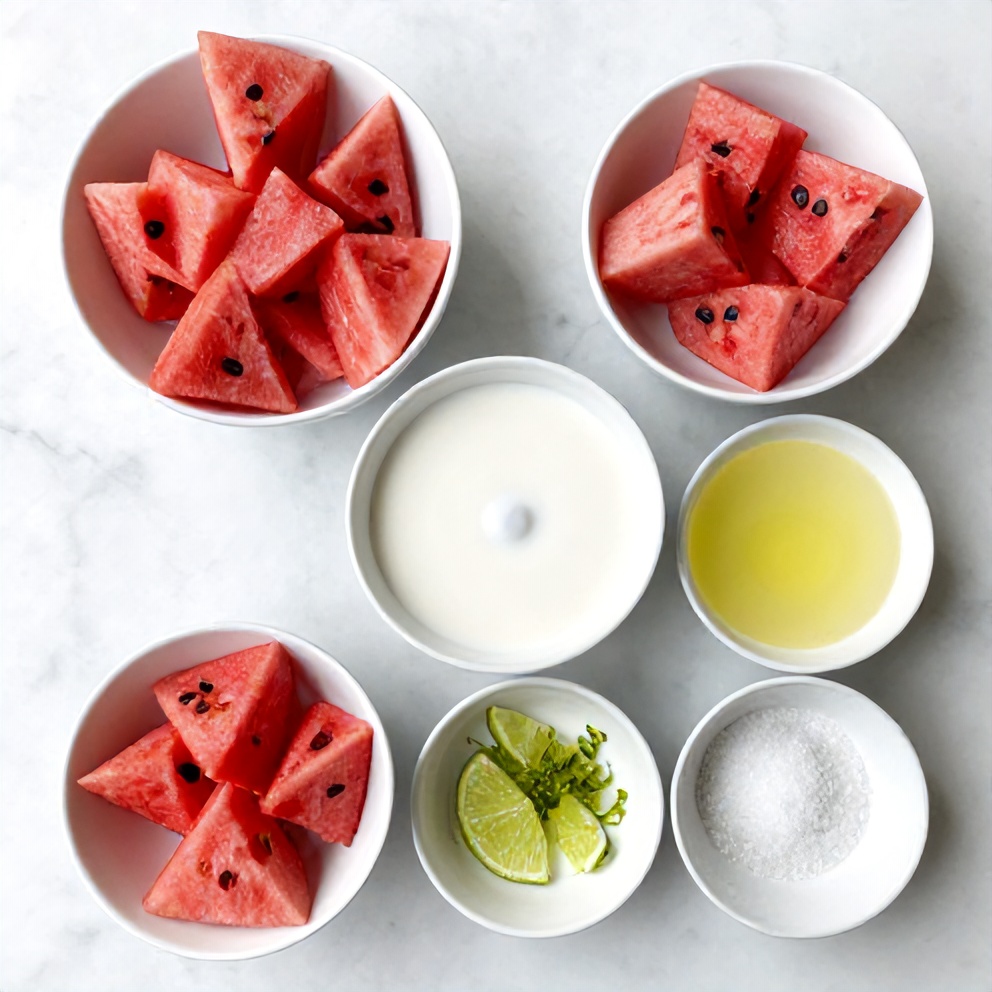 Watermelon, coconut milk, and sugar arranged in prep bowls