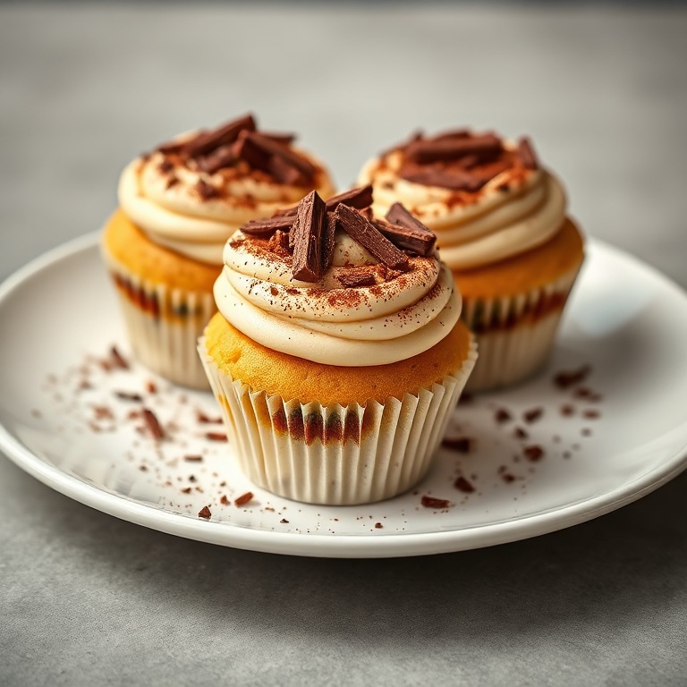 Stunning tiramisu cupcakes on a white plate. Cocoa dusting and chocolate shavings on top. Warm lighting shows the smooth texture. Photorealistic food photography. No text. No watermark.