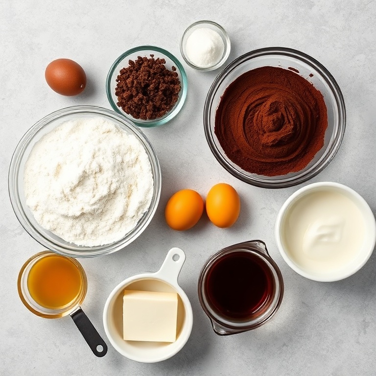 All raw ingredients for chocolate tiramisu cupcakes. Flour, sugar, cocoa powder, espresso powder, eggs, butter, cream, and rum. Prep bowls and measuring tools visible. Bright even light. Photorealistic overhead food photography. No text. No watermark.