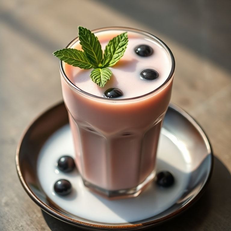 Plating of dragon fruit milk tea topped with Himalayan sea salt and mint