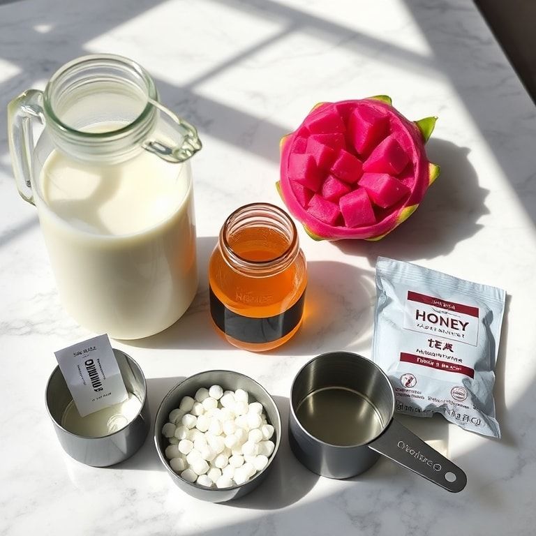 Overhead flat lay of raw dragon fruit, milk, honey, tea bags, and boba pearls