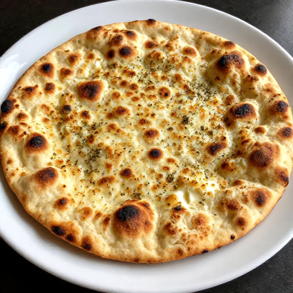 Perfectly plated cottage cheese flatbread with a dusting of herbs. Close crop. Warm lighting showing texture. White ceramic plate. No text. No watermark.