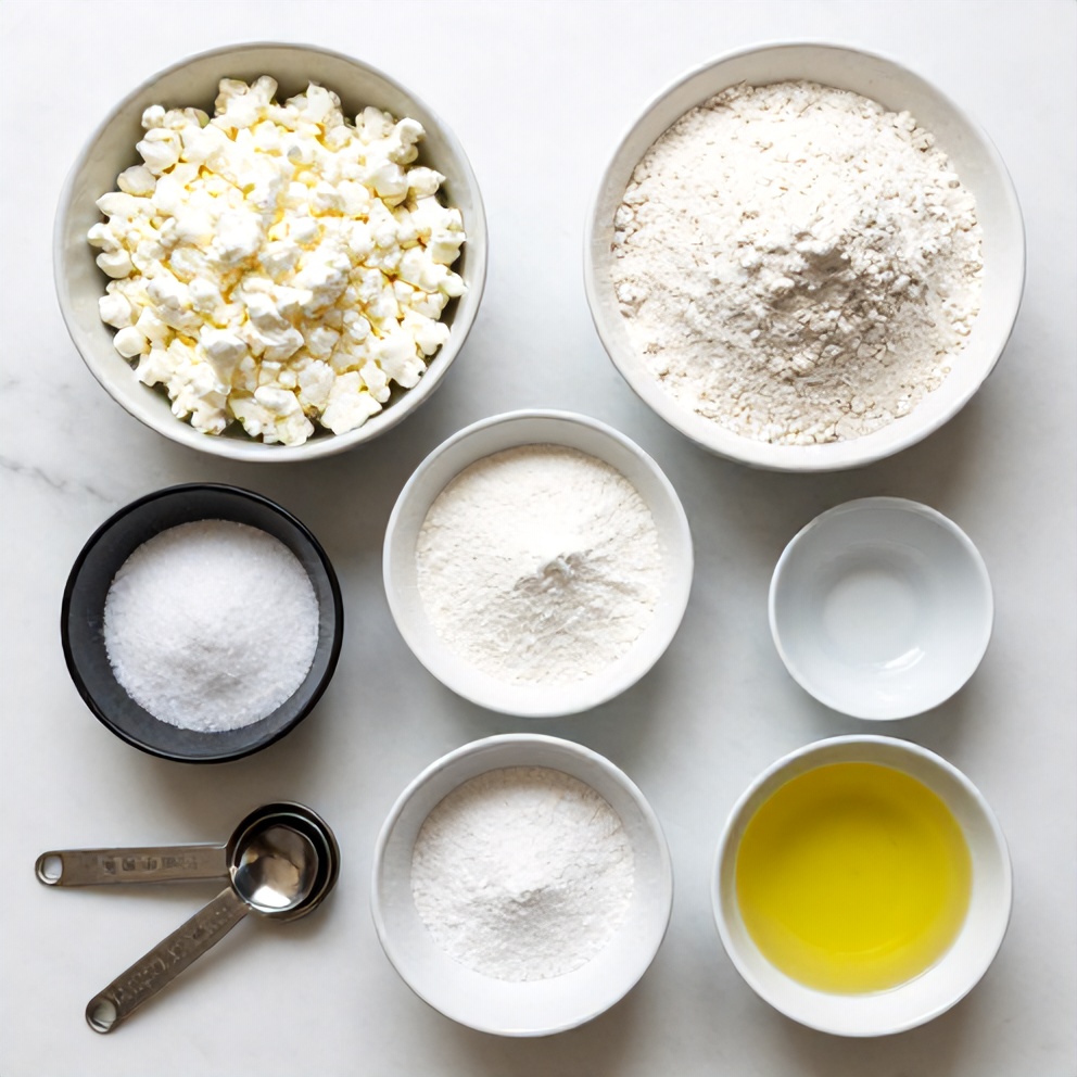 All raw ingredients for this recipe arranged as an overhead flat lay. Cottage cheese, flour, baking powder, salt, and oil visible. Measuring spoons and cups nearby. White marble surface. Bright even light. No text. No watermark.