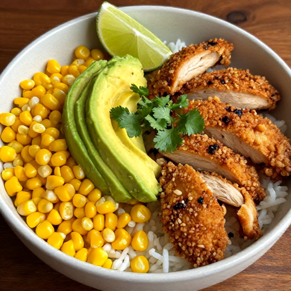 Plated Street Corn Chicken Rice Bowl