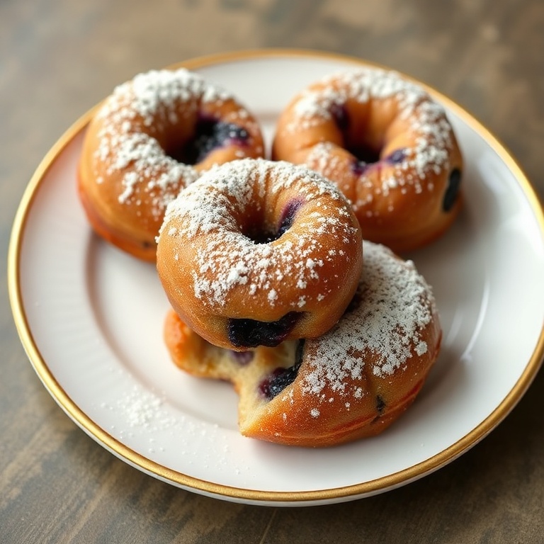 Perfectly plated air fryer blueberry donut holes with a dusting of powdered sugar. Close crop, food fills 90% of frame. White ceramic plate with a golden edge. Warm side lighting showing texture.