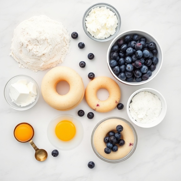 Overhead flat lay of all raw ingredients for air fryer blueberry donut holes. Flour, cottage cheese, blueberries, sugar, eggs, baking powder clearly visible. Measuring spoons and bowls nearby. Bright even light. White marble surface.
