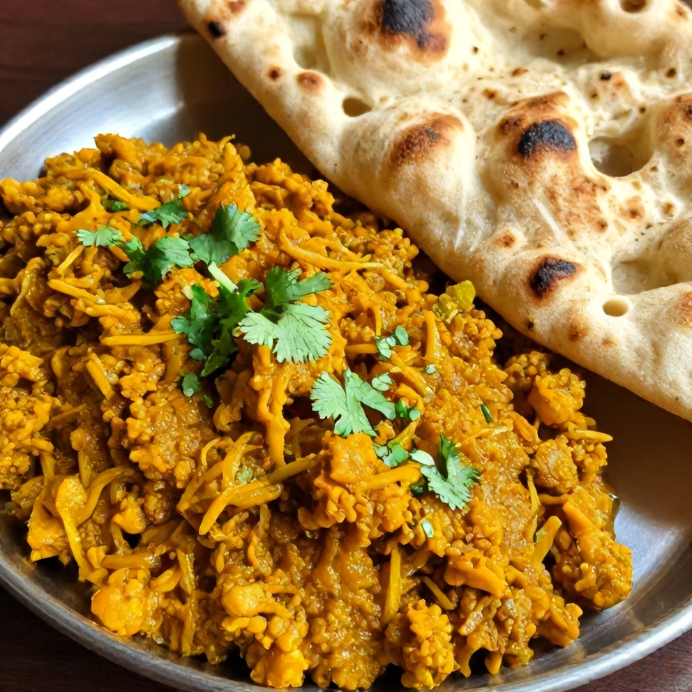 Plated Aloo Keema with fresh cilantro and a side of naan