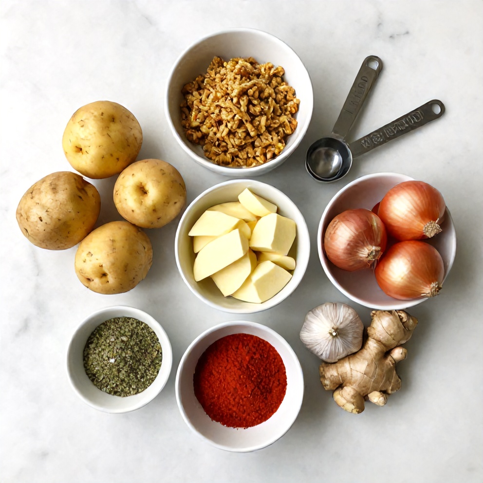 Raw ingredients for Aloo Keema: ground meat, potatoes, onions, spices