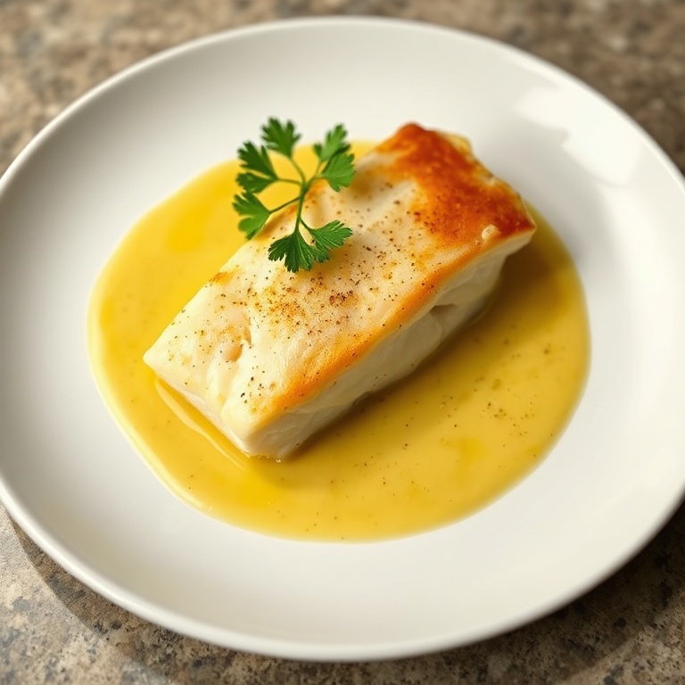 single baked cod fillet with lemon butter sauce on a white plate