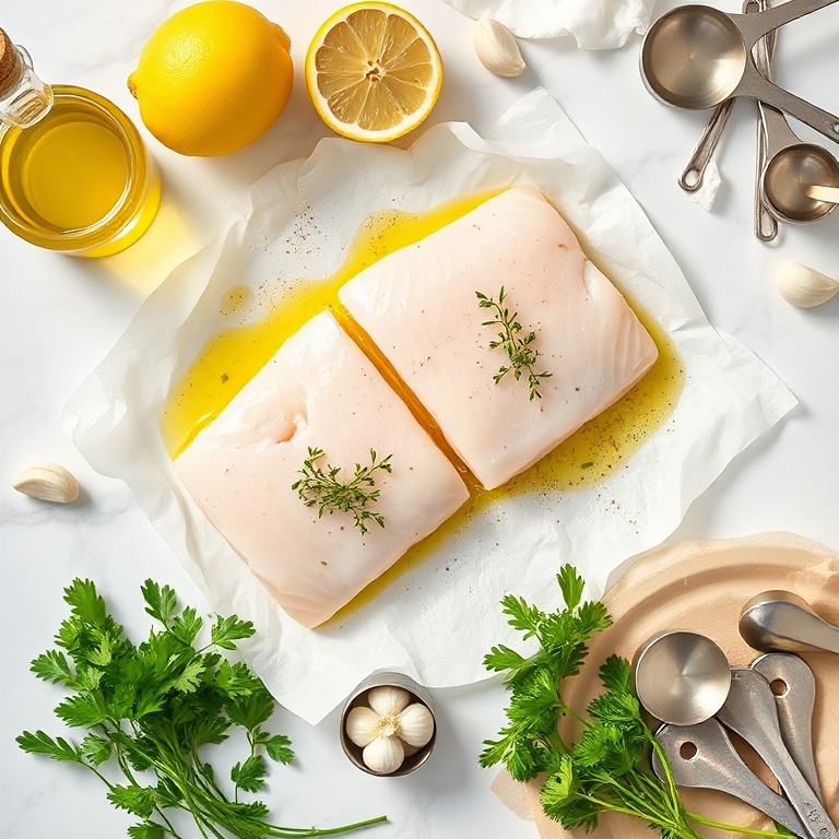 raw cod fillets, olive oil, lemon, garlic, parsley, sea salt, pepper on a marble surface