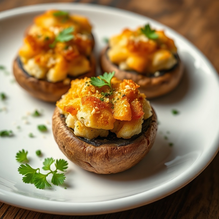 Crispy golden crab stuffed mushrooms with a sprinkle of parsley. Close crop. White ceramic plate. Warm side lighting showing texture. Photorealistic food photography.