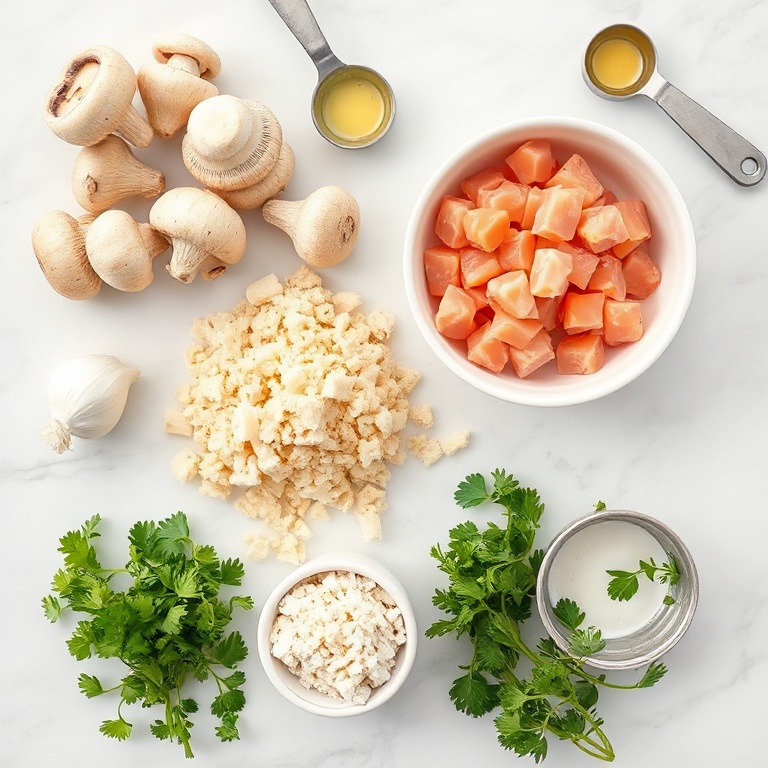 Fresh mushrooms, crab meat, bread crumbs, garlic, and herbs arranged in an overhead flat lay. Measuring spoons and bowls visible. Bright even light. White marble surface.