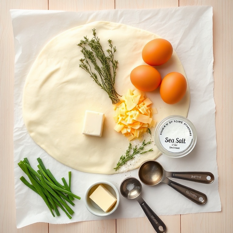 Raw puff pastry, egg, cheese, herbs, butter displayed