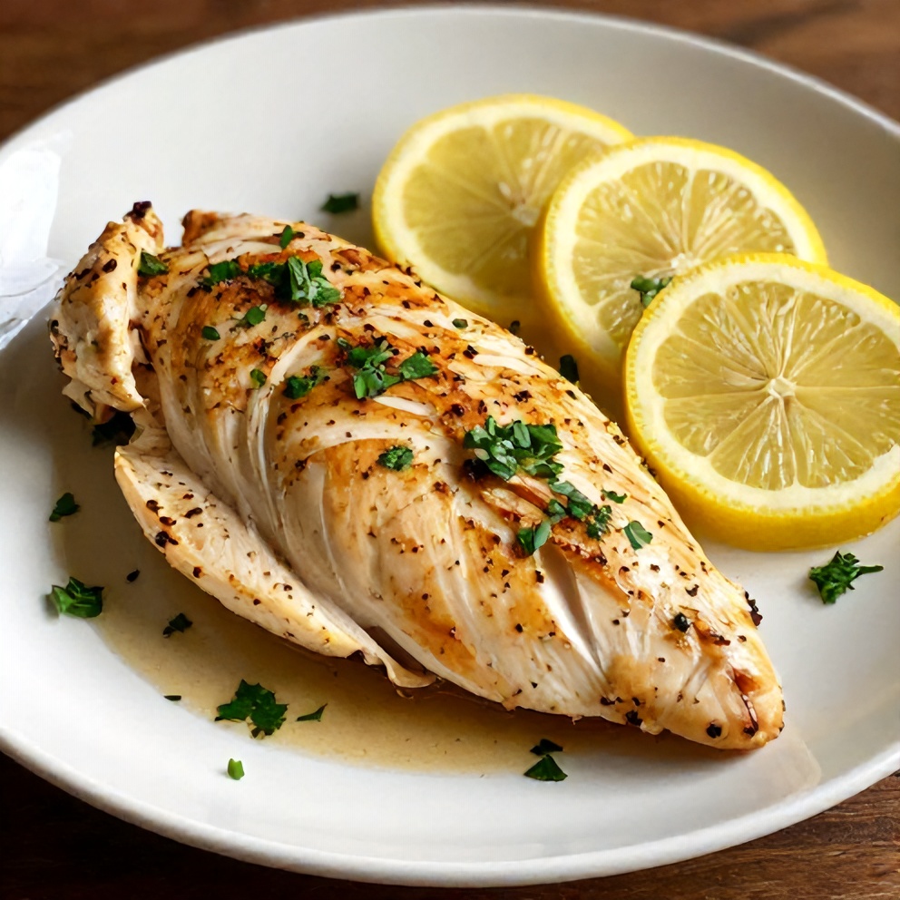 Plated lemon pepper chicken breast with lemon slices and fresh parsley