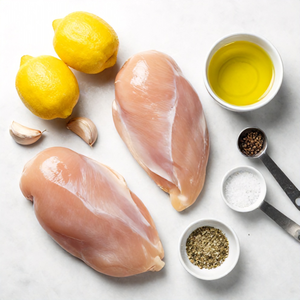 Raw ingredients for lemon pepper chicken: chicken breasts, lemons, garlic, olive oil, pepper, salt, and Italian seasoning