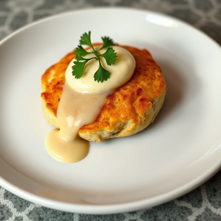 Finished salmon cakes with lemon aioli and parsley garnish