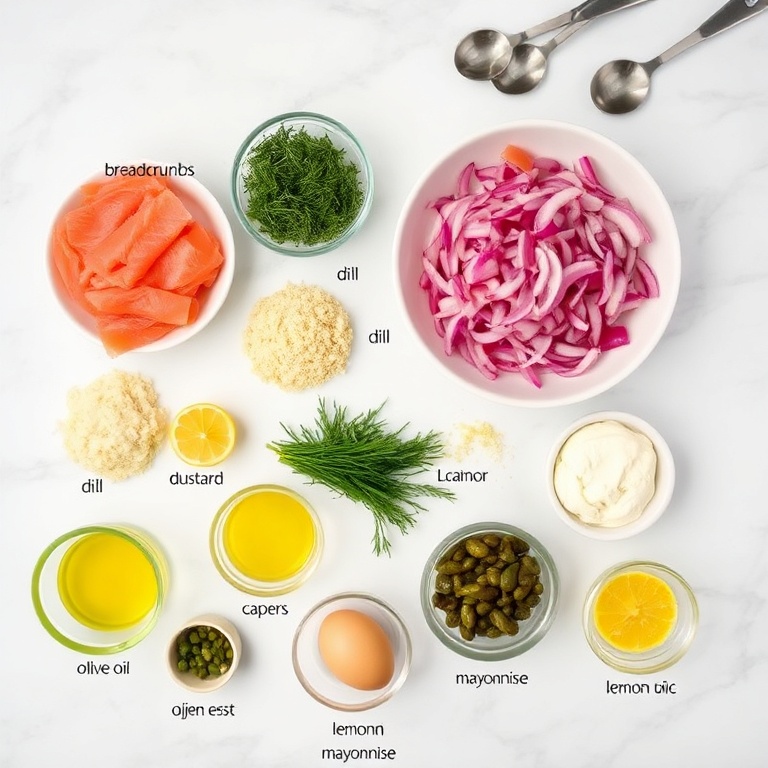 Raw ingredients for salmon cakes: smoked salmon, breadcrumbs, red onion, dill, lemon zest, Dijon mustard, egg, capers, olive oil, mayonnaise, cayenne pepper, lemon juice