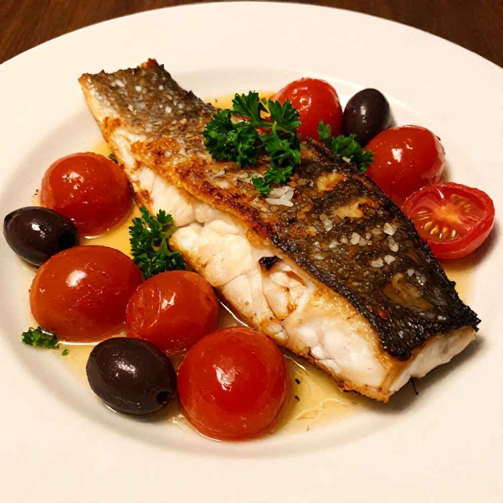 Plated easy baked sea bass with olives and cherry tomatoes