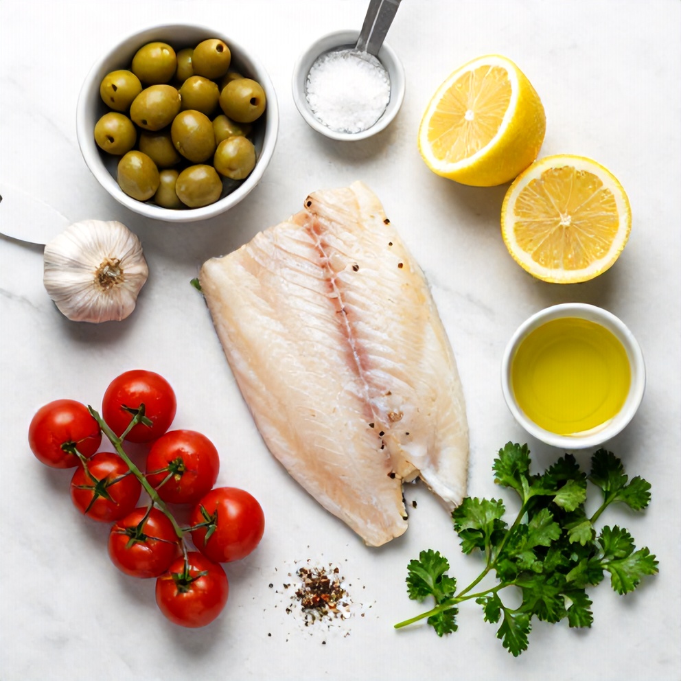Raw ingredients for easy baked sea bass with olives and cherry tomatoes