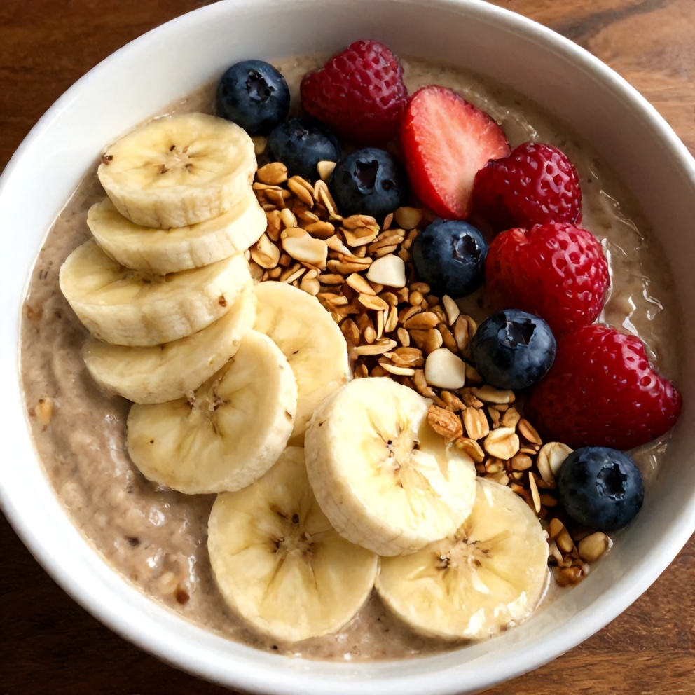Banana Peanut Butter Oat Smoothie Bowl with Granola and Berries
