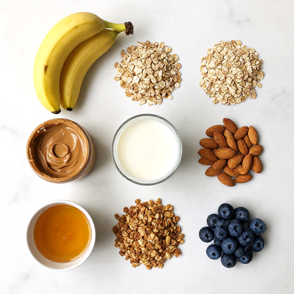 Banana, Peanut Butter, Oats, Almond Milk, Honey, Granola, Berries