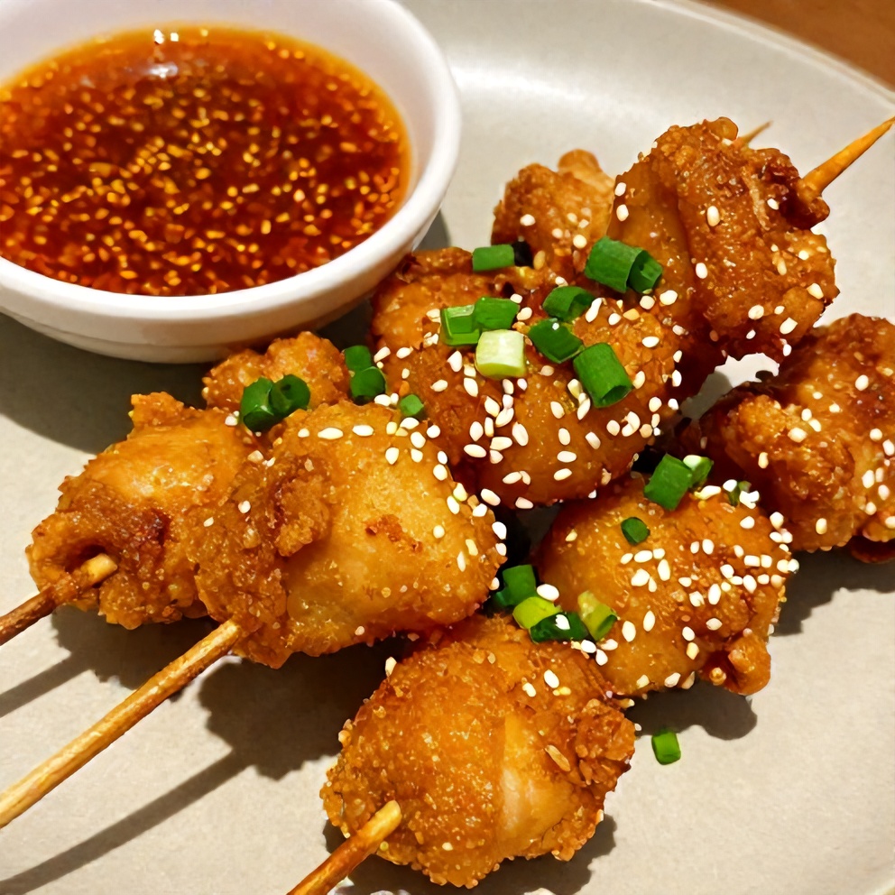 Plated Bang Bang Chicken Skewers with spicy dipping sauce