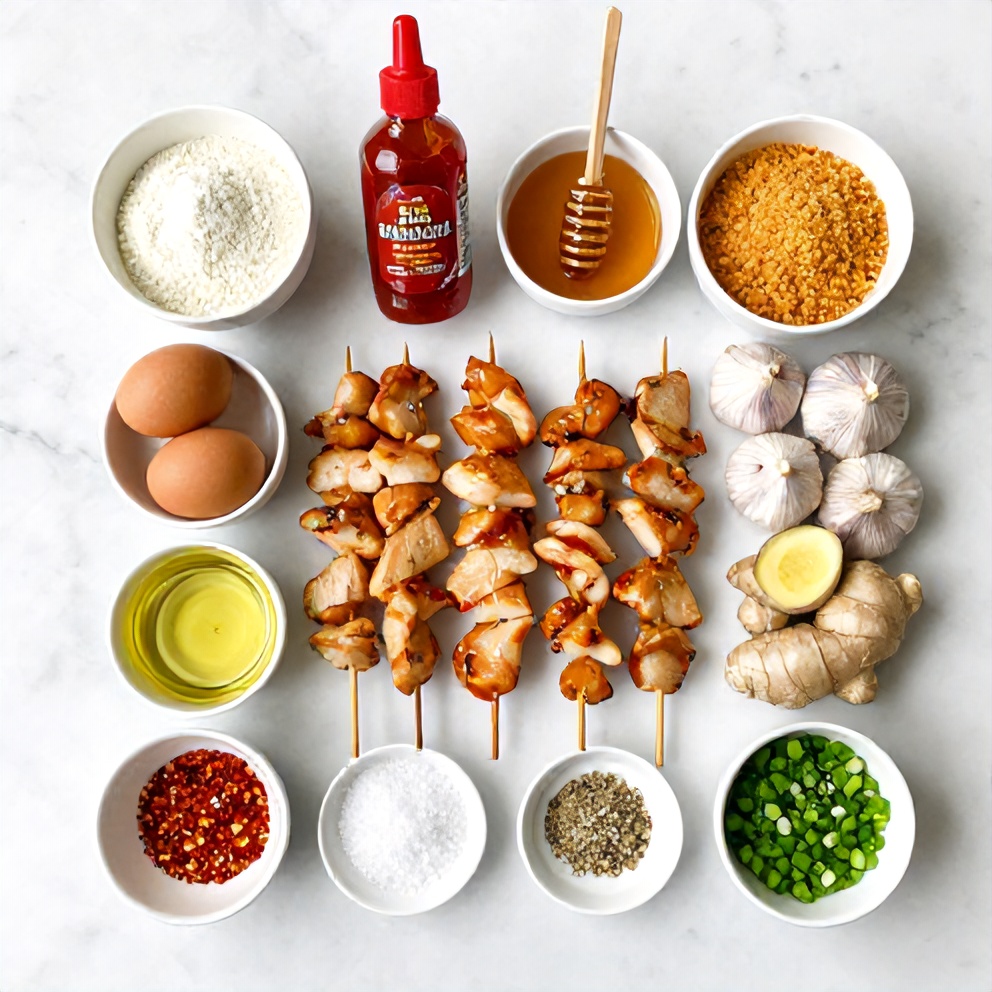 Raw ingredients for Bang Bang Chicken Skewers on a marble surface