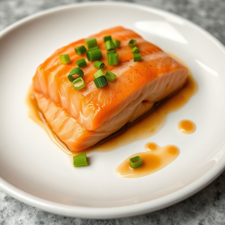 Salmon on white plate with green onions and sauce drizzle. Close-up showing texture and flavor details.