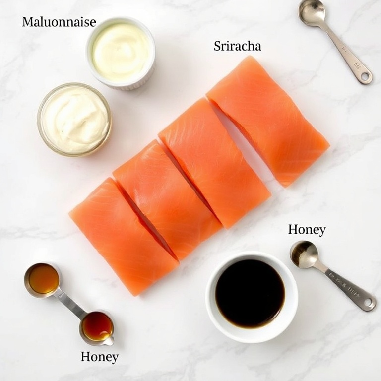 Salmon fillets, mayonnaise, sriracha, honey, soy sauce, green onions on white marble countertop. Measuring spoons and bowls nearby.