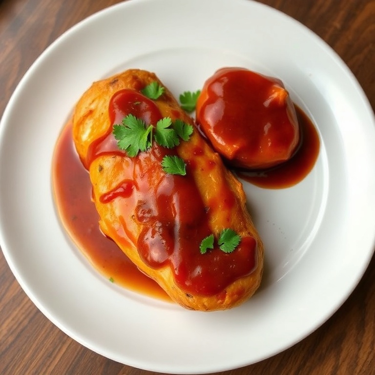 Plated chicken and sweet potato with BBQ sauce. Garnished with cilantro. White ceramic plate. Warm side lighting.