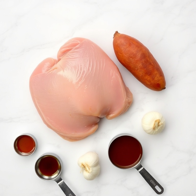 Raw chicken, sweet potato, BBQ sauce, onion, garlic. Flat lay on white marble. Measuring spoons and cups visible.