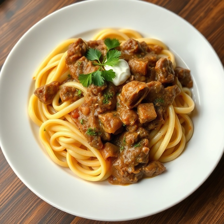 A perfectly plated serving of beef stroganoff with egg noodles. Garnished with fresh parsley and a drizzle of sour cream.