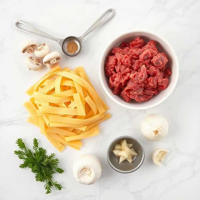 Raw ingredients for beef stroganoff: ground beef, button mushrooms, egg noodles, onions, garlic, sour cream, and fresh parsley. Measuring spoons and bowls are visible.