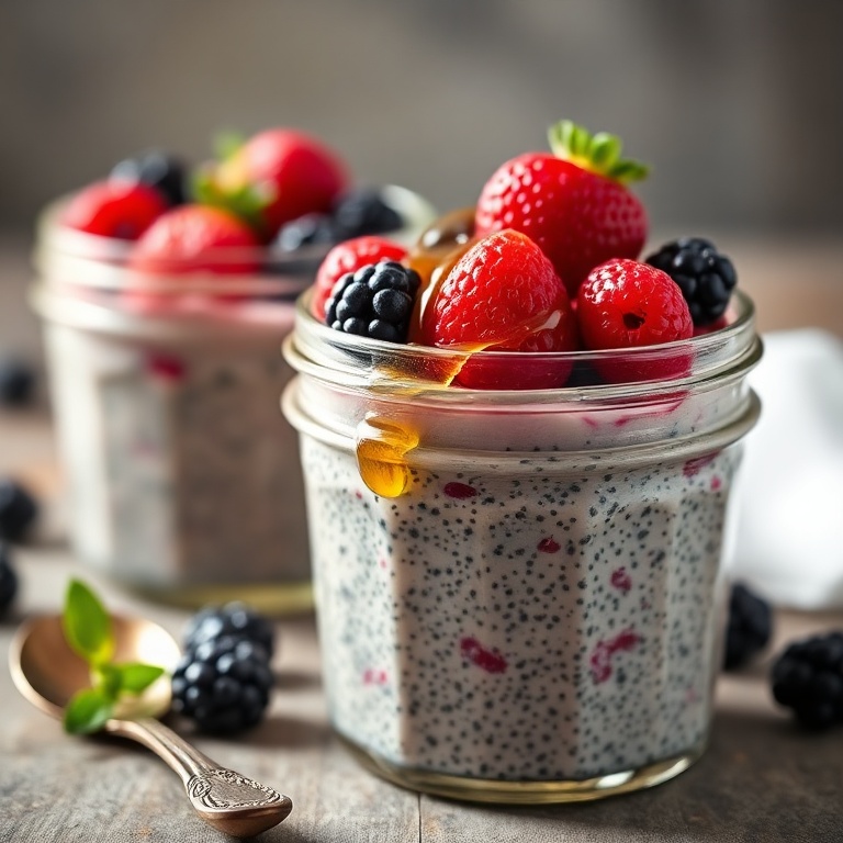 One perfect serving of berry chia pudding cups in a glass jar. Topped with fresh berries and a drizzle of honey. Close crop. Warm side lighting showing texture. Photorealistic food photography. No text. No watermark.
